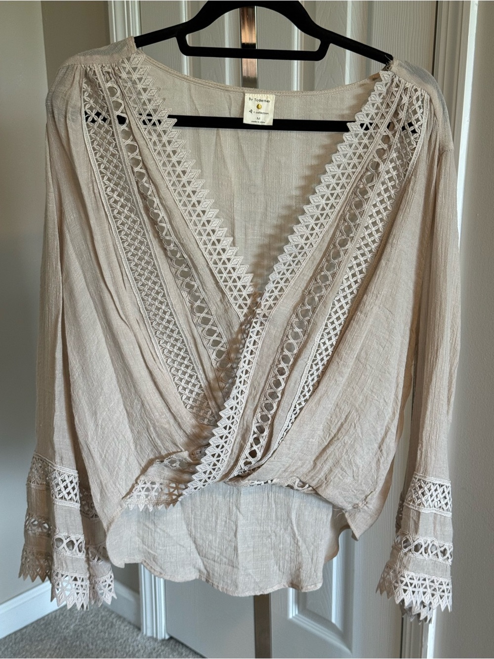 By Together Cream Crochet-Trim Wrap Tunic Blouse